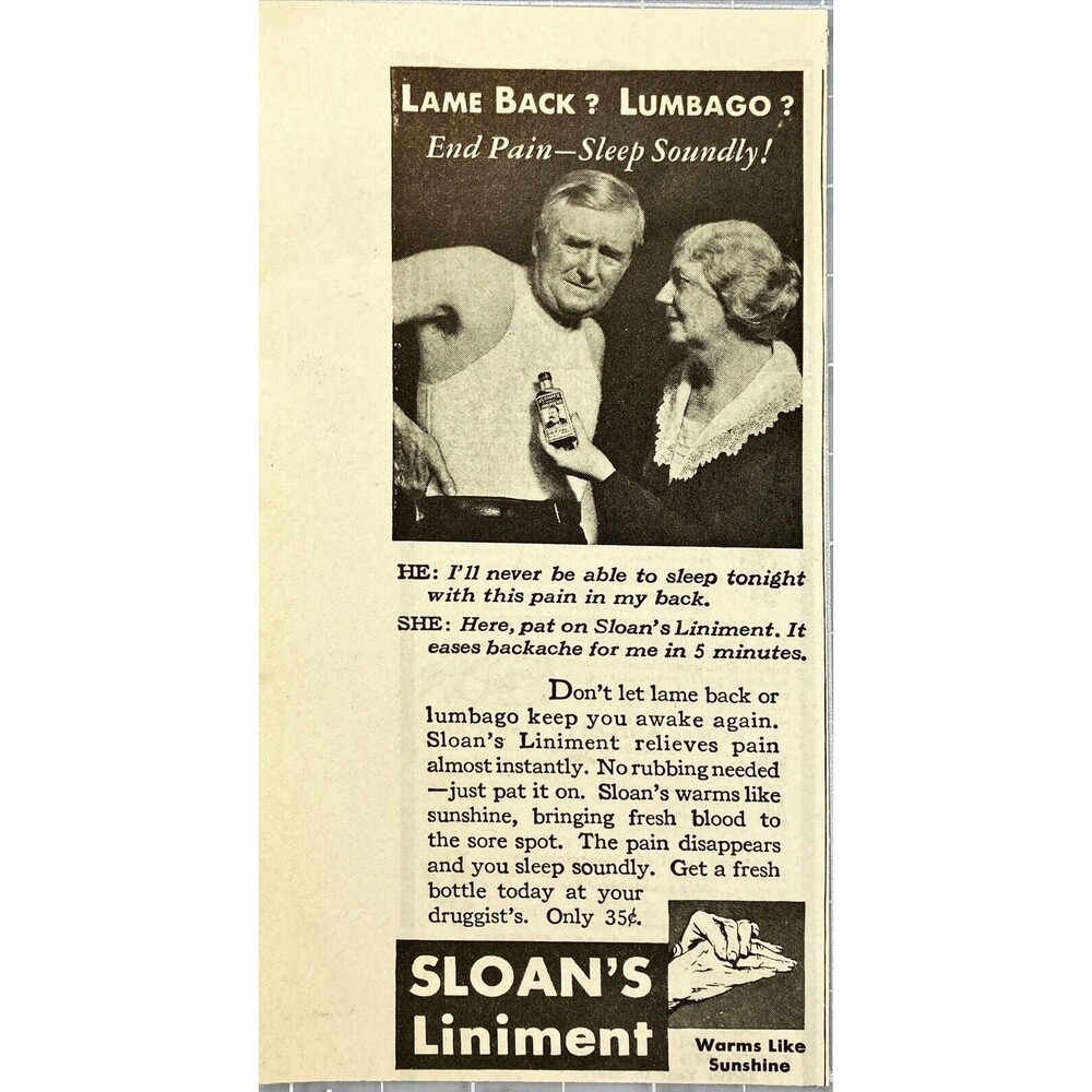Sloan's Liniment "Lame Back? Lumbago? End Pain-Sleep Soundly!" VTG Print Ad 1931
